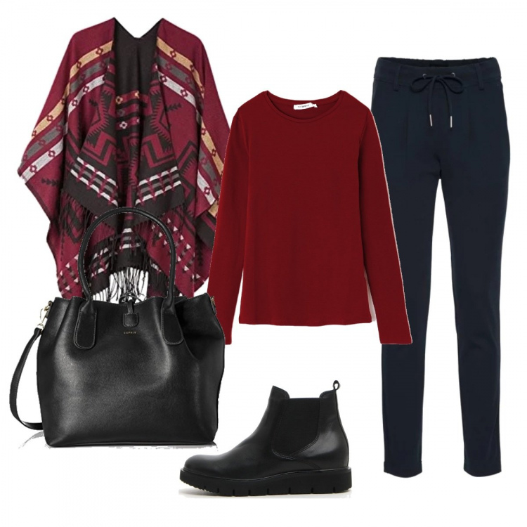 Outfit donna - Si va a lezione. Stile Basic per Scuola/Università. Abbinamento con pantaloni, t-shirt, stivaletti, borse tote, poncio.