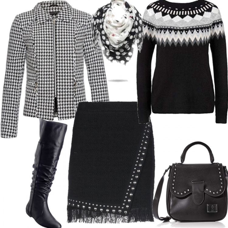 Outfit donna - È inverno #Elegante e al Caldo. Stile Bon Ton per Scuola/Università. Abbinamento con stivali sopra il ginocchio, blazer, gonna al ginocchio senza tasche tweed con zip interno foderato tinta unita, sciarpa, felpa, borse a tracolla.