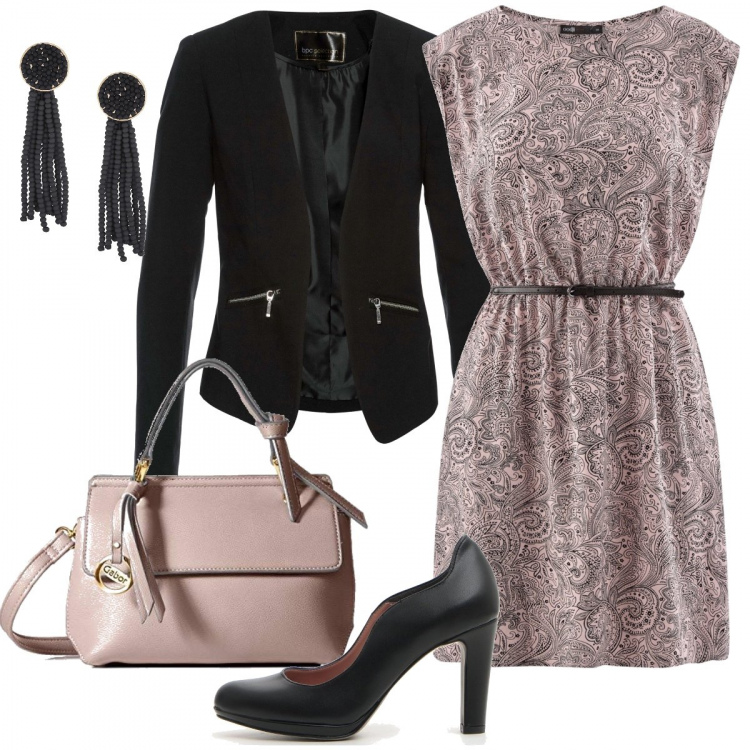 Outfit donna - Monday style. Stile Basic per Ufficio. Abbinamento con blazer, sneakers, vestito con stampa aderente rosa, décolleté, borsa a tracolla rosa.