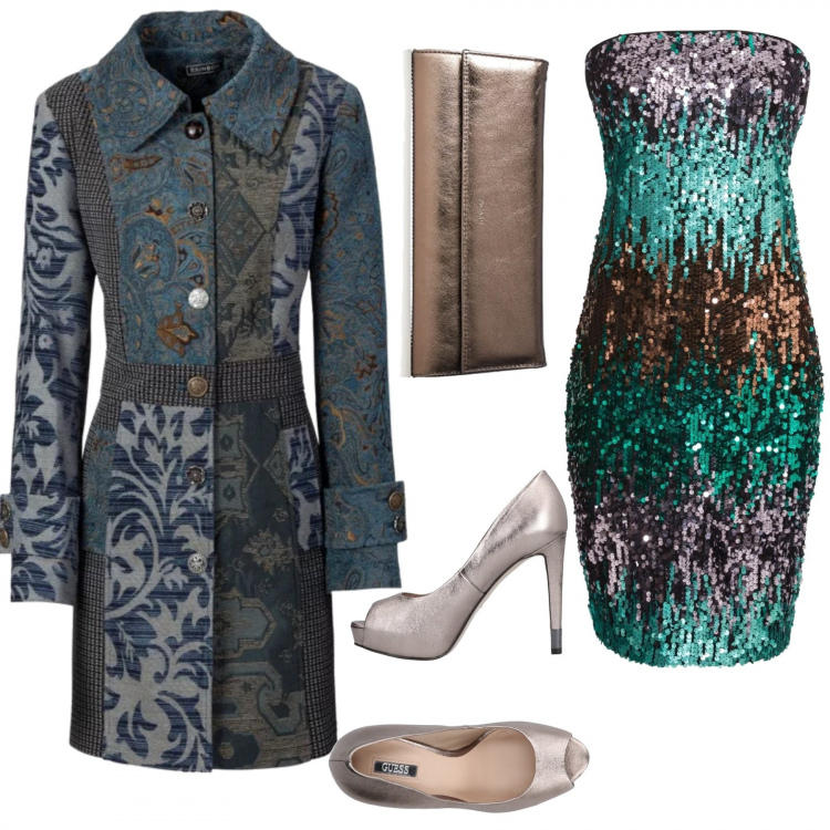 Outfit donna - Brilla per le feste! #curvystyle. Stile Sexy per Serata fuori. Abbinamento con vestiti, cappotti, décolleté, borsa a tracolla con tasca interna argento.