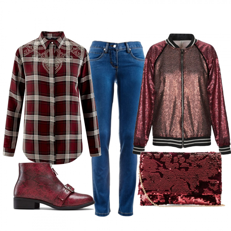 Outfit donna - Tartan per tutti i giorni. Stile Urban per Tutti i giorni. Abbinamento con jeans dritti, pochette, stivaletti, bomber, camicetta aderente rosso.