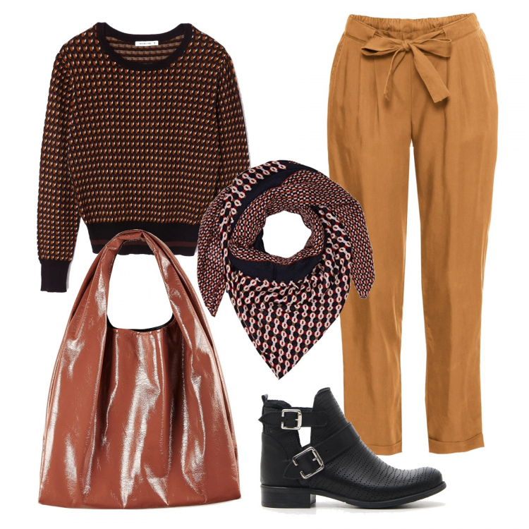 Outfit donna - Mix and match. Stile Basic per Tutti i giorni. Abbinamento con shopping bag, maglione fantasia jacquard marrone, stivaletti, sciarpa in viscosa taglia unica multicolore, shopping bag made italy in ecopelle nero.