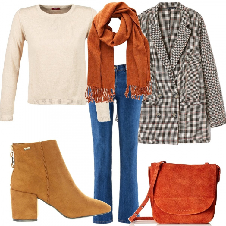 Outfit donna - Giacca a quadr. Stile Basic per Tutti i giorni. Abbinamento con jeans dritti, giacca doppiopetto lunga fantasia rosso, maglieria, sciarpe, stivaletti, borse a spalla.