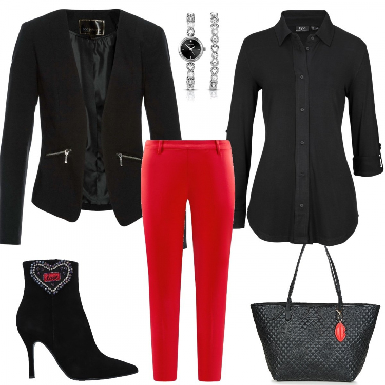 Outfit donna - Love. Stile Trendy per Serata fuori. Abbinamento con camicie, blazer, stivaletti con strass effetto scamosciato con tacco spillo e zip a punta tinta unita, shopping bag capri nero, pantalone lungo, orologio analogico argento.