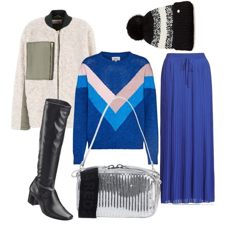 Outfit donna - Montagna. Stile Chic per Serata fuori. Abbinamento con stivali, ecopellicce, borsa a mano petit con manico effetto laminato con zip interno foderato tinta unita, minigonne, pullover, cuffia nero.