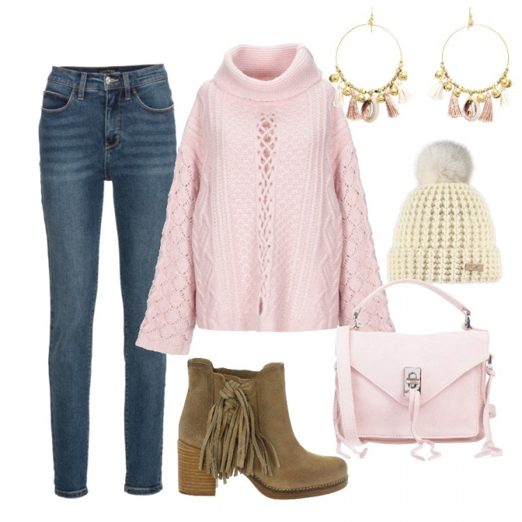 Outfit donna - Pink candy. Stile Urban per Tutti i giorni. Abbinamento con jeans skinny, maglioncino lavorato a maglia collo a dolcevita a maniche lunghe tinta unita, borsa a mano petit con manico effetto scamosciato a scatto in nabuk tinta unita, orecchini con nappine oro, berretto beanie beige, stivaletti beige.
