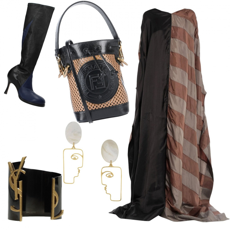 Outfit donna - Unica ed inimitabile. Stile Etnico per Tutti i giorni. look ideale per Tall. Abbinamento con vestito lungo, borsa a tracolla, orecchini con farfallina argento e oro, bracciale nero, stivali.