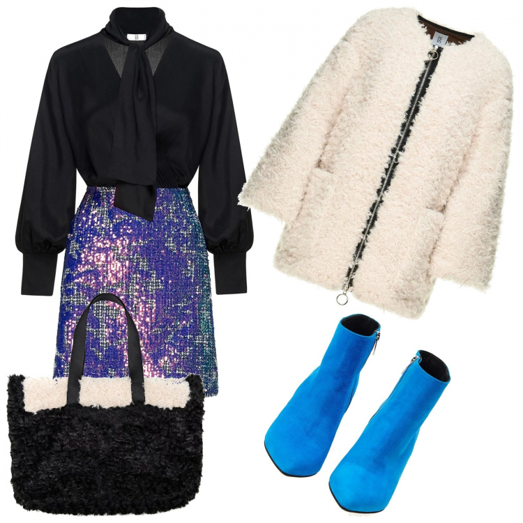 Outfit donna - Brillante. Stile Trendy per Tutti i giorni. Abbinamento con vestito con paillettes, bomber maxi contrasto con zip nero, tronchetti made italy in pelle blu e nero, shopping bag maxi contrasto made italy bianco e nero.