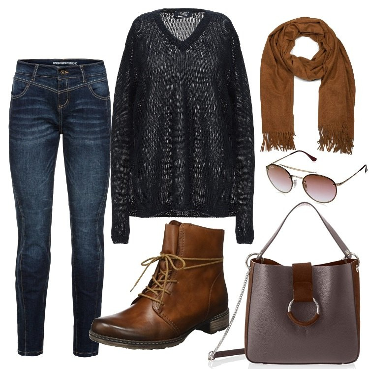Outfit donna - A lezione di corsa. Stile Trendy per Scuola/Università. Abbinamento con jeans boyfriend, pullover, borse a spalla, stivali, sciarpe, occhiali da sole unisex-adulto marrone e rosa.