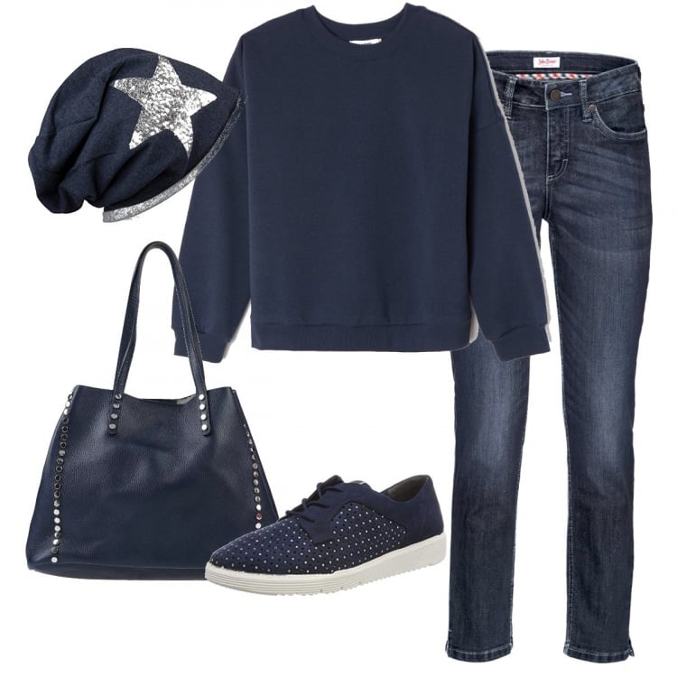 Outfit donna - Cuffia con stella. Stile Basic per Ufficio. Abbinamento con jeans, borsa a mano maxi in pelle martellata doppio manico interno foderato tinta unita, felpa girocollo a maniche lunghe blu, berretti, sneakers.