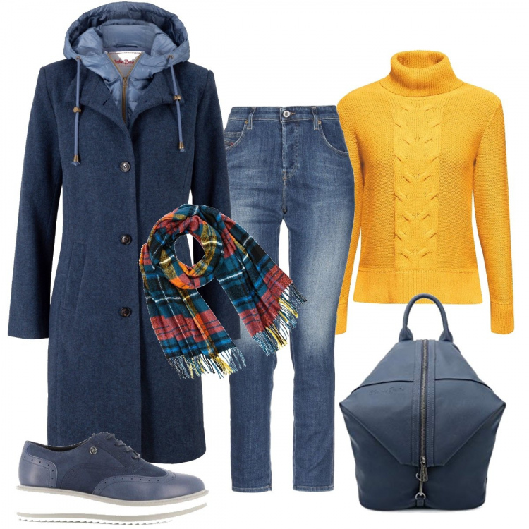 Outfit donna - Raggio di sole nel grigio inverno. Stile Basic per Scuola/Università. Abbinamento con cappotti, jeans, scarpe stringate, zaini, felpe, sciarpe.