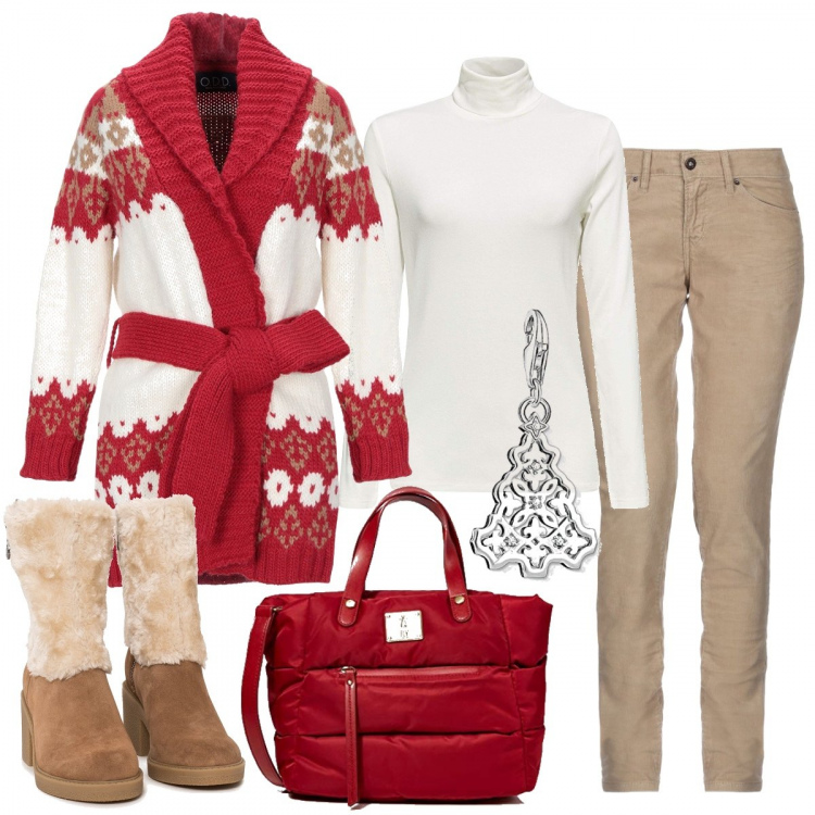 Outfit donna - In clima natalizio. Stile Trendy per Tutti i giorni. Abbinamento con cardigan lavorato a maglia, pantalone lungo, stivaletti con zip beige, borsa a spalla, pullovers, ciondoli.