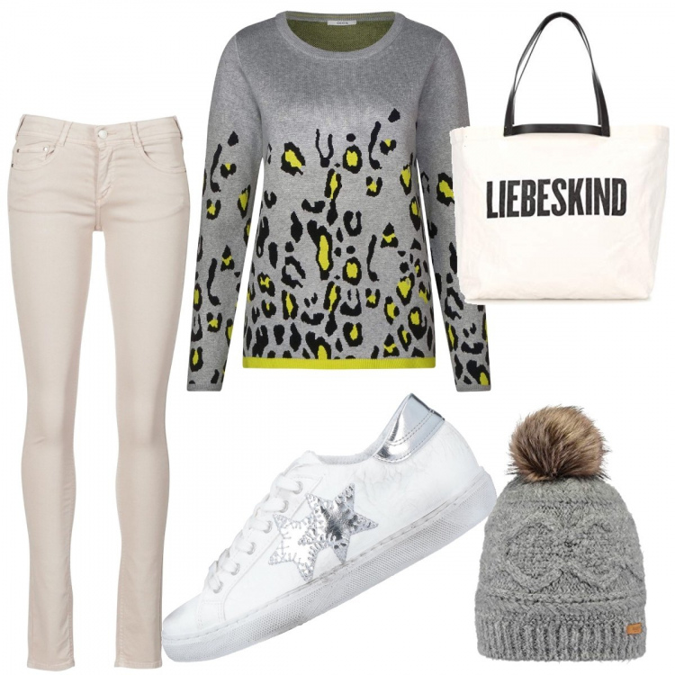 Outfit donna - Domenica in relax. Stile Basic per Tutti i giorni. Abbinamento con sneakers, pantalone lungo, felpe, berretti, shopping bag.