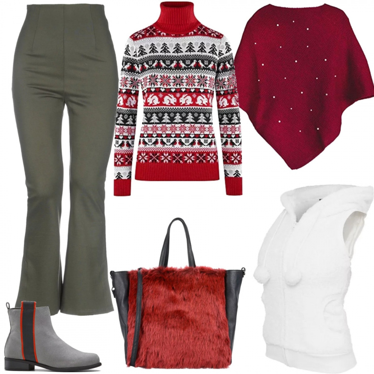 Outfit donna - Aspettando le vacanze natalizie. Stile Trendy per Scuola/Università. Abbinamento con stivaletti, pantalone cropped, borsa a mano in pelle sintetica, canottiera in poliestere bianco, maglioni, cappotti.