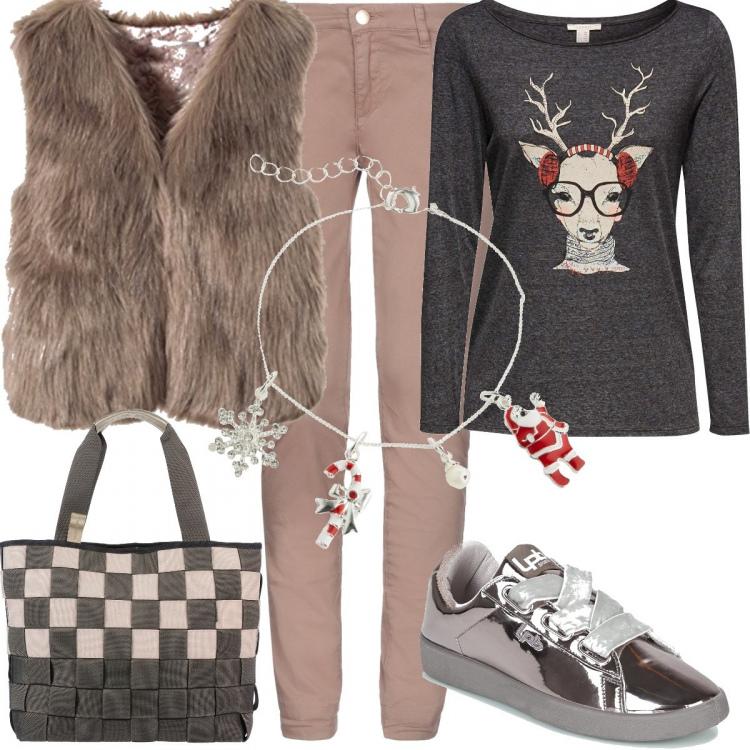 Outfit donna - Addobbiamo il Natale. Stile Basic per Tutti i giorni. Abbinamento con bracciale, pantaloni, borsa a mano maxi a quadri doppio manico interno sfoderato in tessuto tecnico con tasca interna, scarpe argento, pullovers, parka.