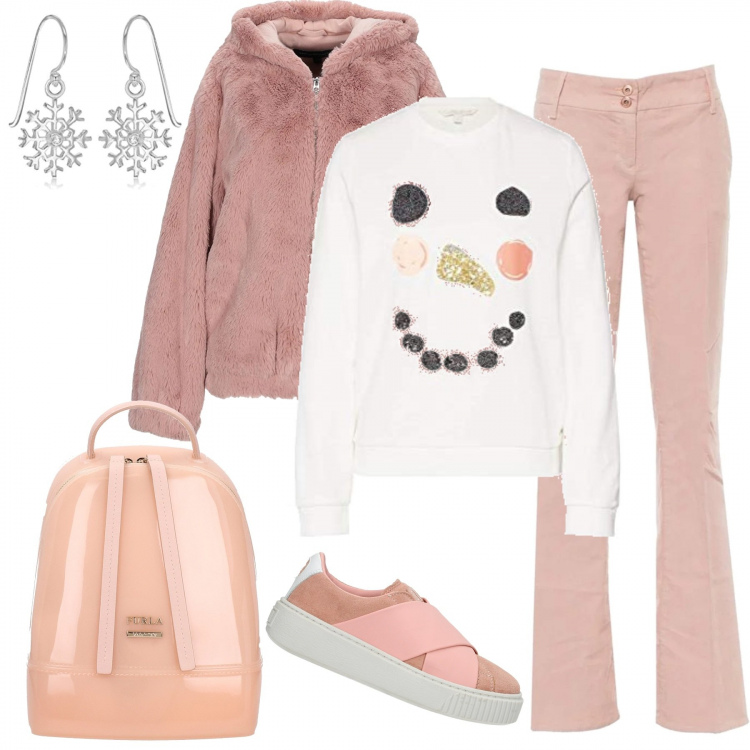 Outfit donna - Regali ai bambini. Stile Trendy per Tutti i giorni. Abbinamento con ecopellicce, sneakers, zaino, felpa, pantalone in denim elasticizzato rosa, orecchini pendenti con zirconia in sterling 925 ipoallergenico argento e bianco.