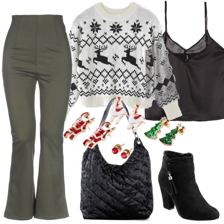 Outfit donna - Maglione tema Natalizio. Stile Basic per Ufficio. Abbinamento con borsa a mano, stivaletti, orecchini, pantalone cropped, maglione con ricamo jacquard bianco, canottiera con pizzo effetto satinato con scollo in raso tinta unita nero.