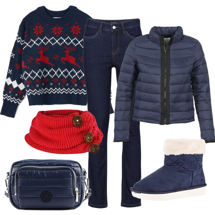 Outfit donna - Shopping natalizio. Stile Basic per Tutti i giorni. Abbinamento con jeans, maglione con ricamo jacquard blu, piumini, stivaletti, sciarpa, borsa a tracolla blu e navy.