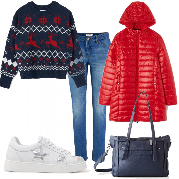 Outfit donna - Maglioncino natalizio. Stile Basic per Tutti i giorni. Abbinamento con jeans skinny, piumino con cappuccio e zip tinta unita rosso, maglione con ricamo jacquard blu, sneakers, borse a spalla.