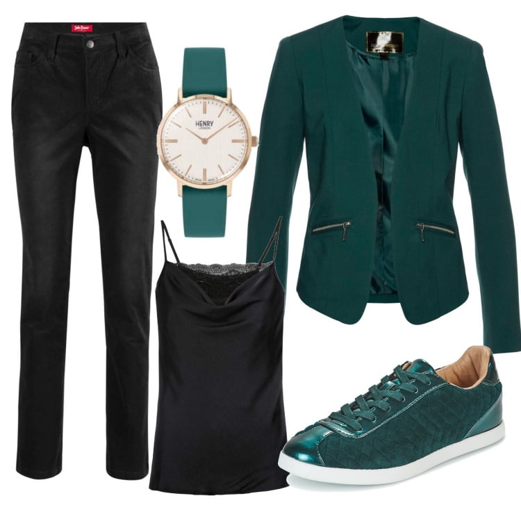 Outfit donna - Mondate style.. sempre perfette. Stile Trendy per Ufficio. Abbinamento con blazer, top con pizzo e spalline sottili nero, pantalone in velluto elasticizzato nero, sneakers, orologi analogici.