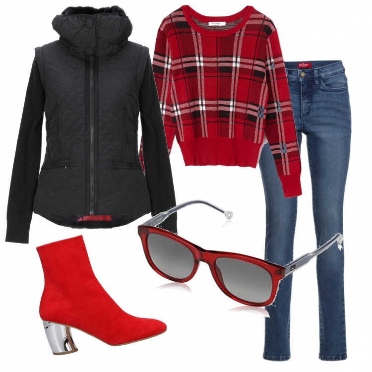 Outfit donna - Trendy #35334. Stile Trendy per Tutti i giorni. Abbinamento con jeans slim fit, piumino lavorato a maglia collo alto a maniche lunghe con zip interno imbottito in tessuto tecnico tinta unita, stivaletti, maglione fantasia rosso, occhiali da sole rosso e grigio.