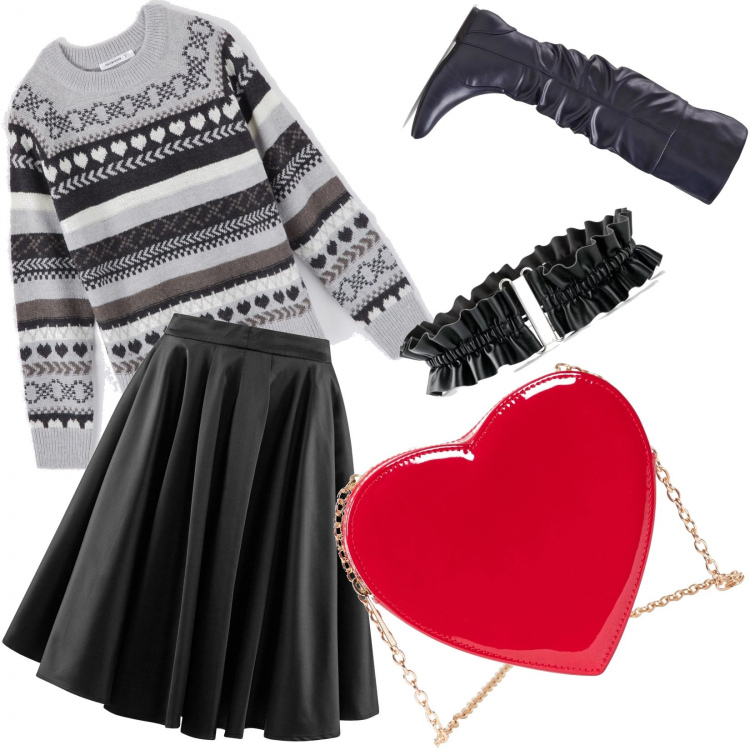 Outfit donna - Un cuore caldo così. Stile Rock per Tutti i giorni. Abbinamento con cintura, stivali, borsa a tracolla, maglione melange jacquard grigio, gonne longuette.