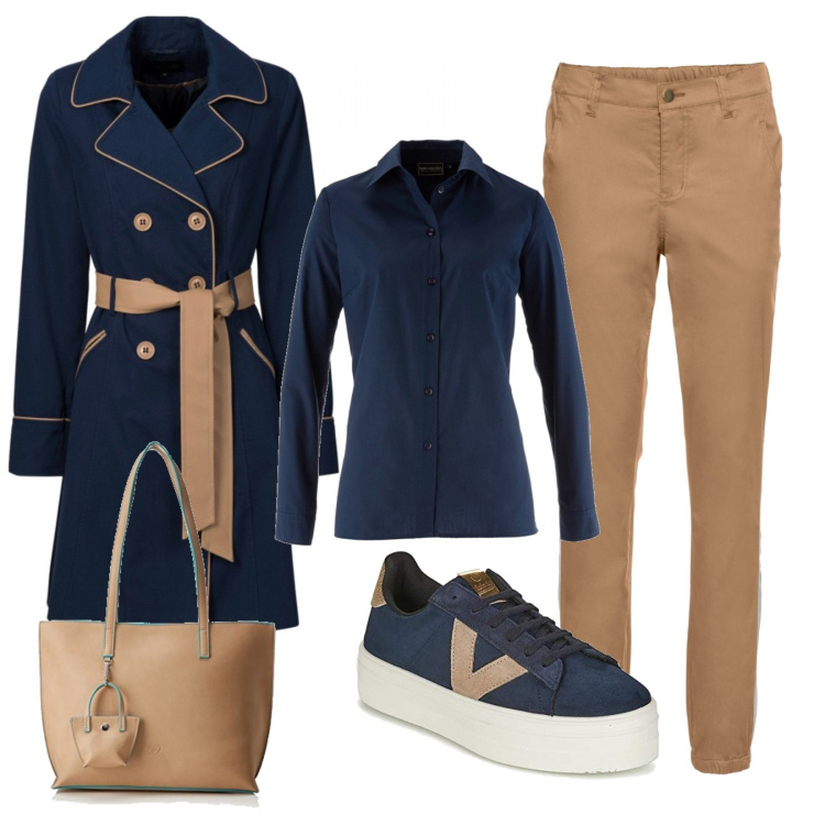 Outfit donna - Una passeggiata elegante. Stile Urban per Tutti i giorni. Abbinamento con trench, pantalone marrone, camicie, sneakers, borsa tote con zip in denim con tasca interna beige.