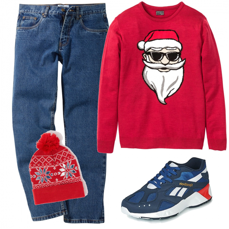 Outfit uomo - Cristhmas is Cooming. Stile Trendy per Tutti i giorni. Abbinamento con jeans dritti, maglioni, berretto jacquard rosso, sneakers.