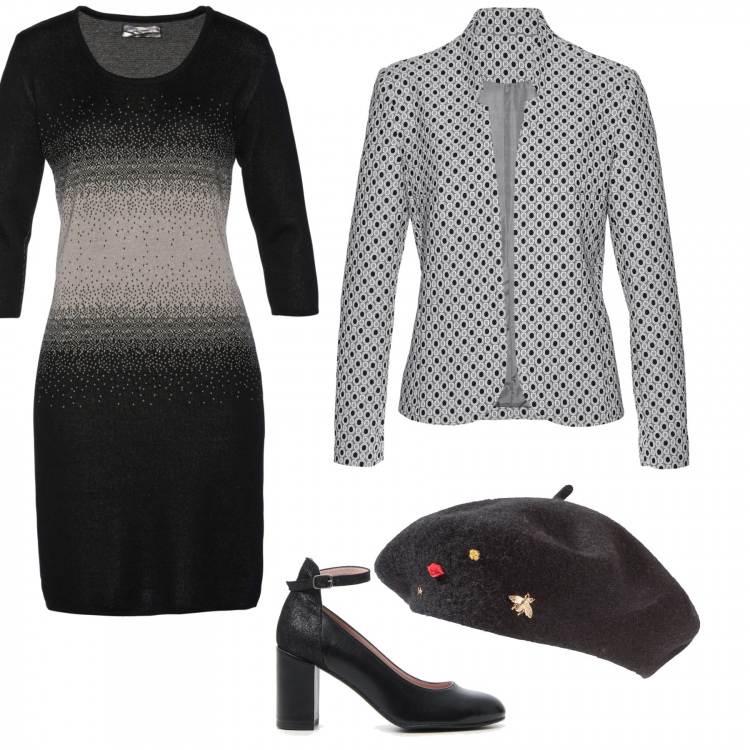 Outfit donna - Parisienne. Stile Bon Ton per Tutti i giorni. Abbinamento con cappelli e berretti, vestito corto, blazer, décolleté.