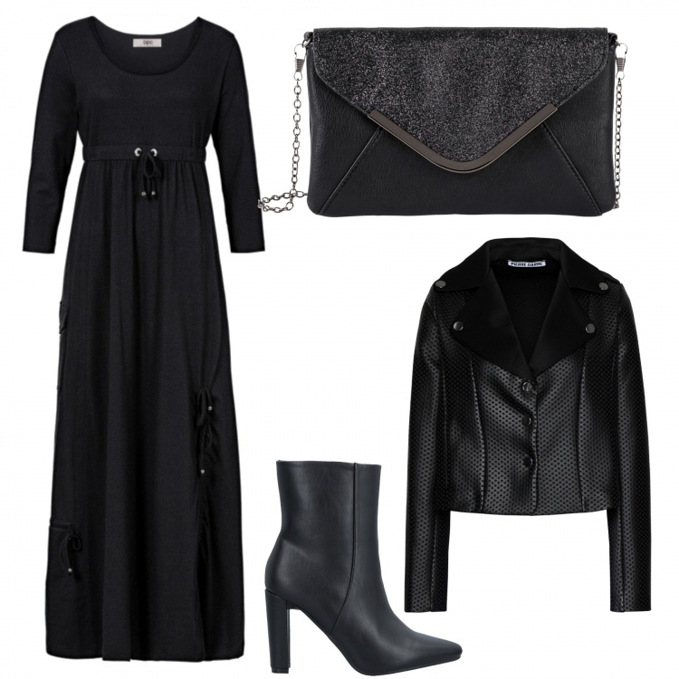 Outfit donna - Total black. Stile Rock per Serata fuori. Abbinamento con vestiti lunghi, pochette, giubbotto collo con revers a maniche lunghe interno sfoderato in pelle sintetica tinta unita, stivaletti con tacco squadrato e zip interno foderato con punta tonda in pelle sintetica tinta unita.