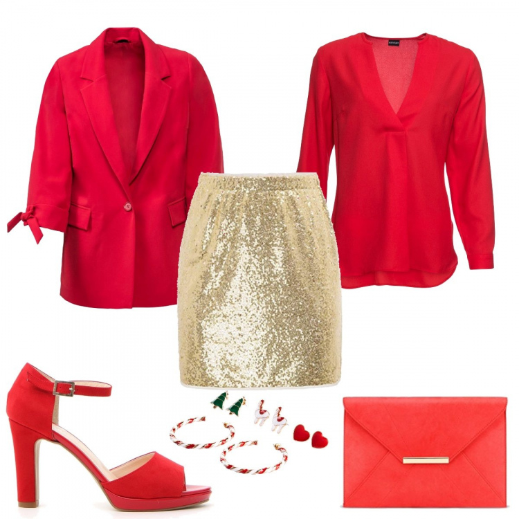 Outfit donna - Regala un outfit per lei: mia sorella. Stile Sexy per Serata fuori. look ideale per Petite. Abbinamento con costumi interi, bluse, maglieria, gonna a tubino a tubo con paillettes oro, sandali, pochette.