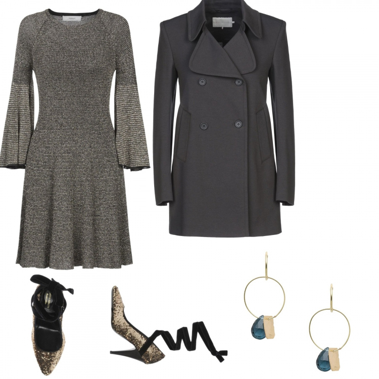 Outfit donna - Oro a natale. Stile Sexy per Serata fuori. Abbinamento con vestito corto fantasia lavorato a maglia collo tondo a maniche lunghe, décolleté, cappotto, orecchini.
