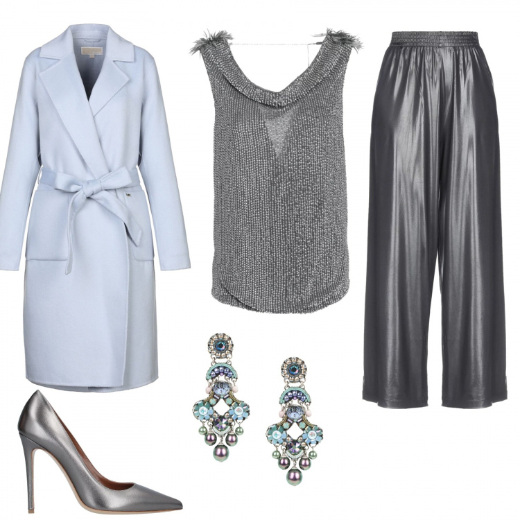Outfit donna - Argento a capodanno. Stile Trendy per Serata fuori. Abbinamento con pantaloni, cappotto, orecchini con perline e farfallina in ottone, décolleté, bluse.