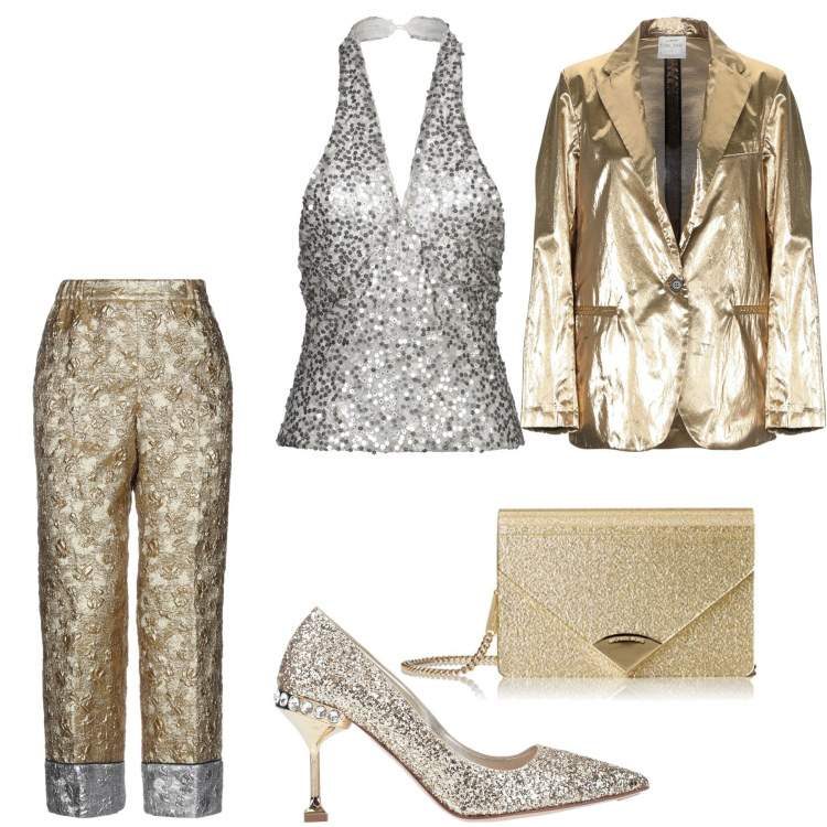 Outfit donna - Oro e Argento a Natale. Stile Chic per Serata fuori. Abbinamento con pantalone a sigaretta con stampa di broccato effetto laminato interno foderato in seta con tasche, décolleté con strass glitter a punta tinta unita, top, giacca, clutch effetto metallizzato con fasce in pelle.