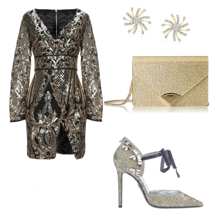 Outfit donna - Sexy #4567. Stile Sexy per Serata fuori. Abbinamento con vestito corto, décolleté con strass fantasia effetto laminato a punta, clutch effetto metallizzato con fasce in pelle, orecchini a perno in oro giallo 9ct.