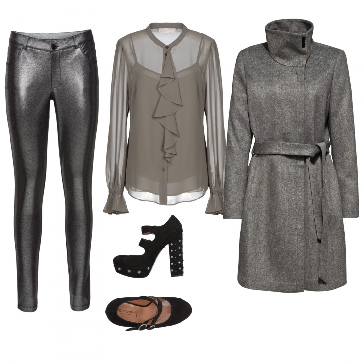 Outfit donna - Natale in stile trendy. Stile Trendy per Cerimonia. Abbinamento con pantaloni, camicia, décolleté, giubbotto.