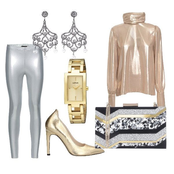 Outfit donna - Sparkling!. Stile Rock per Serata fuori. look ideale per Tall. Abbinamento con jeans skinny, borsa a mano mini fantasia multicolore glitter a scatto, zeppe, orecchini, camicie, orologio.