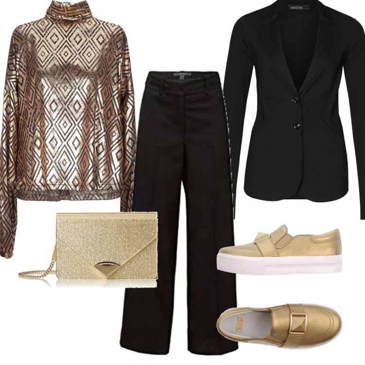 Outfit donna - Oro e nero a Natale. Stile Chic per Serata fuori. Abbinamento con t-shirt fantasia geometrica effetto laminato collo alto a maniche lunghe con zip jersey, sneakers, pantaloni, blazer nero, clutch effetto metallizzato con fasce in pelle.
