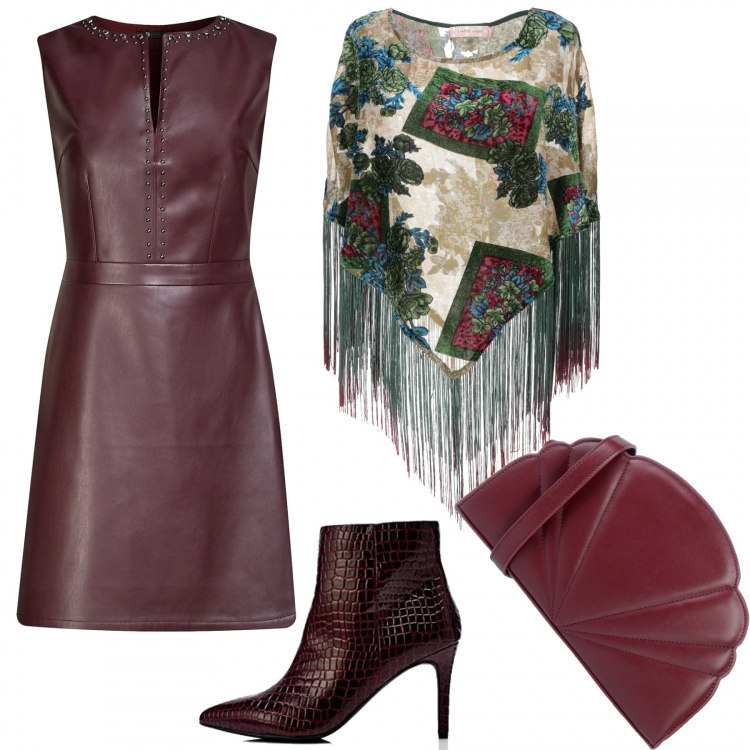 Outfit donna - Trendy per le feste. Stile Trendy per Serata fuori. Abbinamento con mantella senza tasche fantasia floreale con frange collo tondo interno sfoderato in velluto crêpe, borsa a tracolla taglia media con zip tinta unita, vestito mini con scollo in ecopelle aderente rosso, stivaletti.
