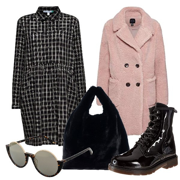 Outfit donna - Natale trendy. Stile Trendy per Tutti i giorni. Abbinamento con borsa a mano, occhiali da sole montatura in plastica, stivali nero, cappotto, vestito oversize nero.