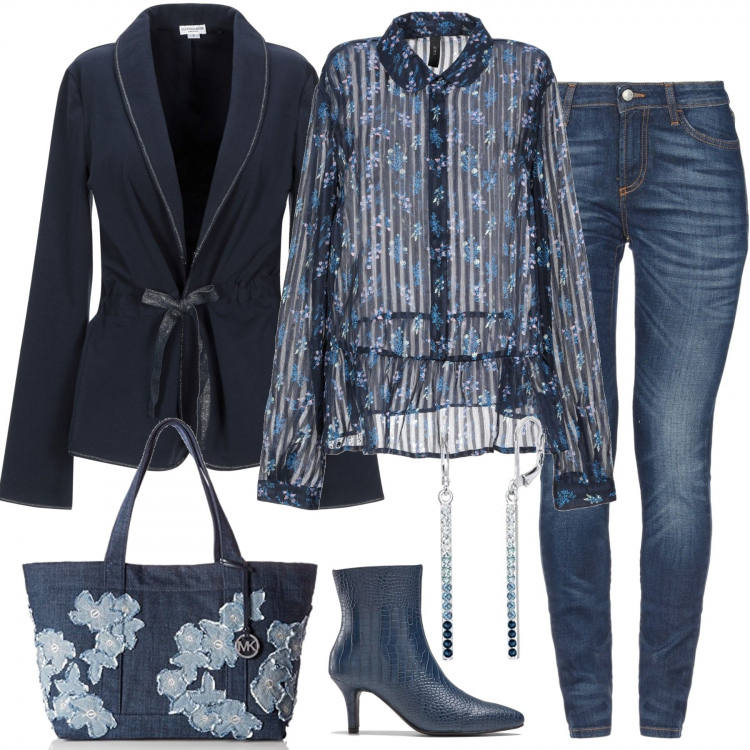 Outfit donna - Trendy #35488. Stile Trendy per Serata fuori. Abbinamento con stivaletti, camicia, giacca, jeans, borse tote, orecchini.