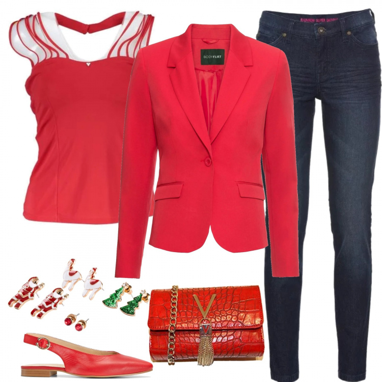 Outfit donna - Natale in scarpe flat. Stile Basic per Serata fuori. Abbinamento con jeans skinny, blazer, orecchini, ballerine, top con scollo senza maniche con lacci rosso, pochette.