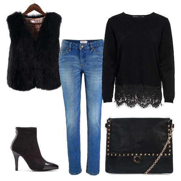 Outfit donna - Pizzo in evidenza. Stile Trendy per Serata fuori. Abbinamento con jeans skinny, stivaletti, pullover con pizzo, borsa, gilet.