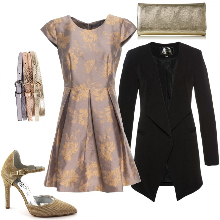 Outfit donna - Capodanno in oro rosa. Stile Chic per Serata fuori. Abbinamento con cinture, blazer, scarpe oro, vestito a maniche corte, borse a mano.