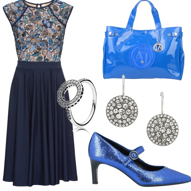 Outfit donna - Aperitivo in primavera. Stile Bon Ton per Serata fuori. Abbinamento con vestiti midi/longuette, décolleté, borse a mano, orecchini, anelli.