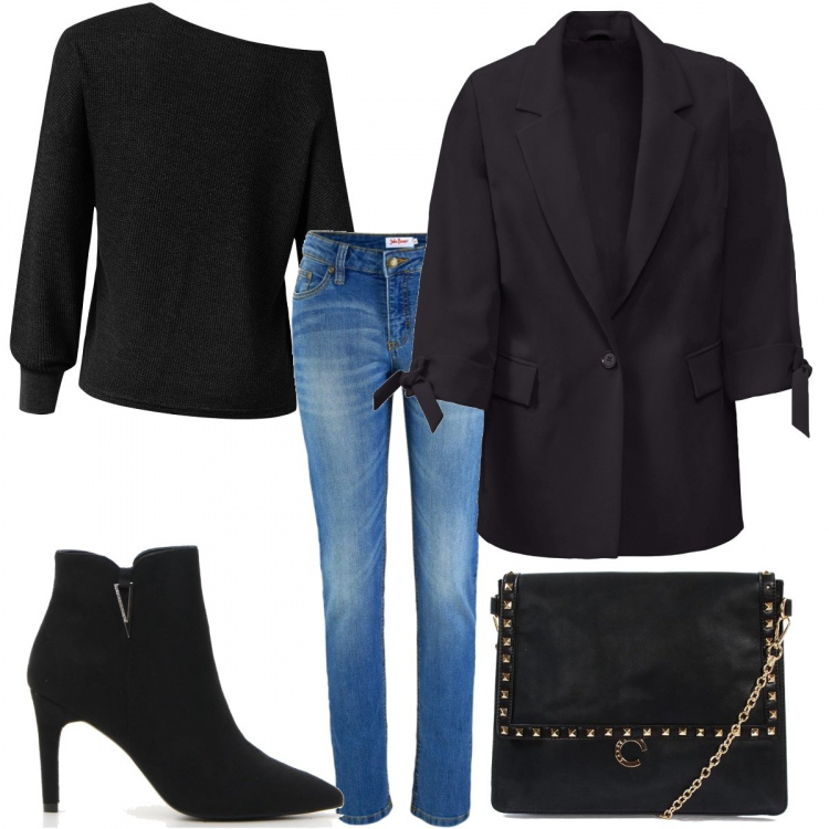 Outfit donna - Spalla scoperta. Stile Trendy per Serata fuori. Abbinamento con jeans skinny, bikini, maglione oversize con spalle scoperte a maniche lunghe in in maglia, stivaletti nero, borsa.