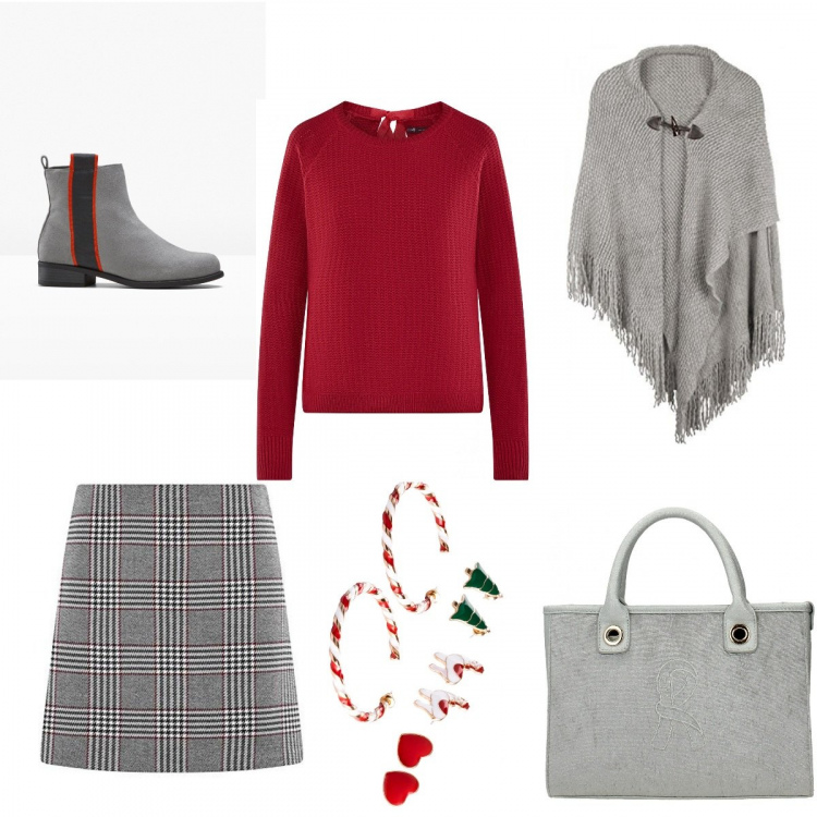 Outfit donna - È Natale. Stile Basic per Tutti i giorni. Abbinamento con costumi interi, stivaletti, borsa a mano, minigonne, maglioni, cappotti.