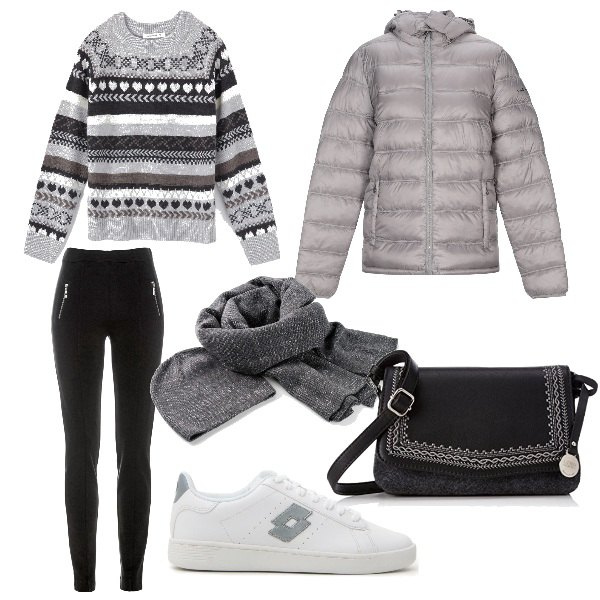Outfit donna - Semplice e caldo per tutti i giorni. Stile Urban per Scuola/Università. Abbinamento con vestiti chemisier, pantaloni, piumino con cappuccio a maniche lunghe con zip in tessuto tecnico tinta unita, maglione melange jacquard grigio, borsa a tracolla, sneakers.