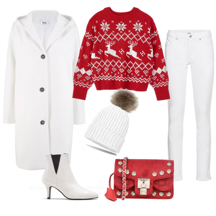 Outfit donna - Maglione a tema natalizio. Stile Trendy per Tutti i giorni. Abbinamento con jeans skinny, cappotto, stivaletti con tacco spillo bianco, borsa a tracolla, maglione jacquard rosso, berretti.