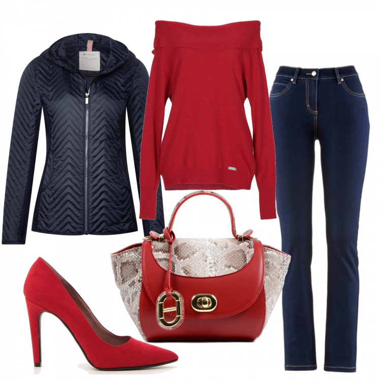 Outfit donna - Sexy con il jeans "megastretch". Stile Sexy per Ufficio. Abbinamento con jeans dritti, pullover con drappeggio senza tasche lavorato a maglia scollatura a maniche lunghe tinta unita, giacca, borsa, décolleté.